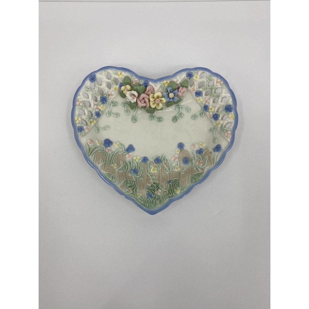 Vintage pierced porcelain heart shaped dish Spring colors flowers